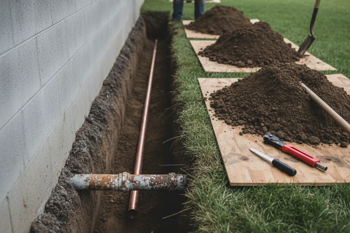Excavated water line trench during Sewer Line Repair in Lacombe